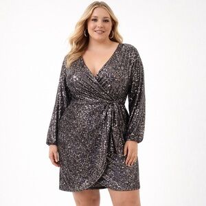 Rickis Sequin Wrap Dress V-Neck Long Sleeve Silver Stretch Party Cocktail sz XL